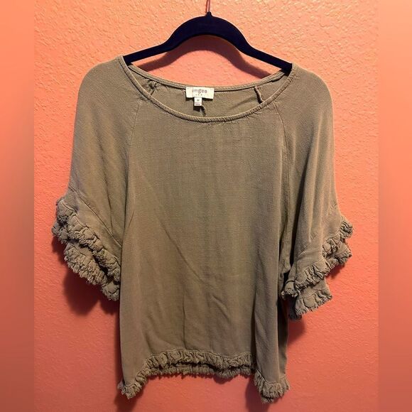 Umgee Sage green fringe trim linen blend Top - Picture 1 of 6